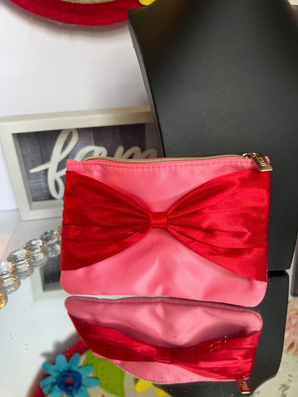 ipsy Pink Cosmetic Pouch with Red Satin Bow